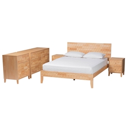 Baxton Studio Hosea Japandi Carved Honeycomb Natural Queen Size 5-Piece Bedroom Set